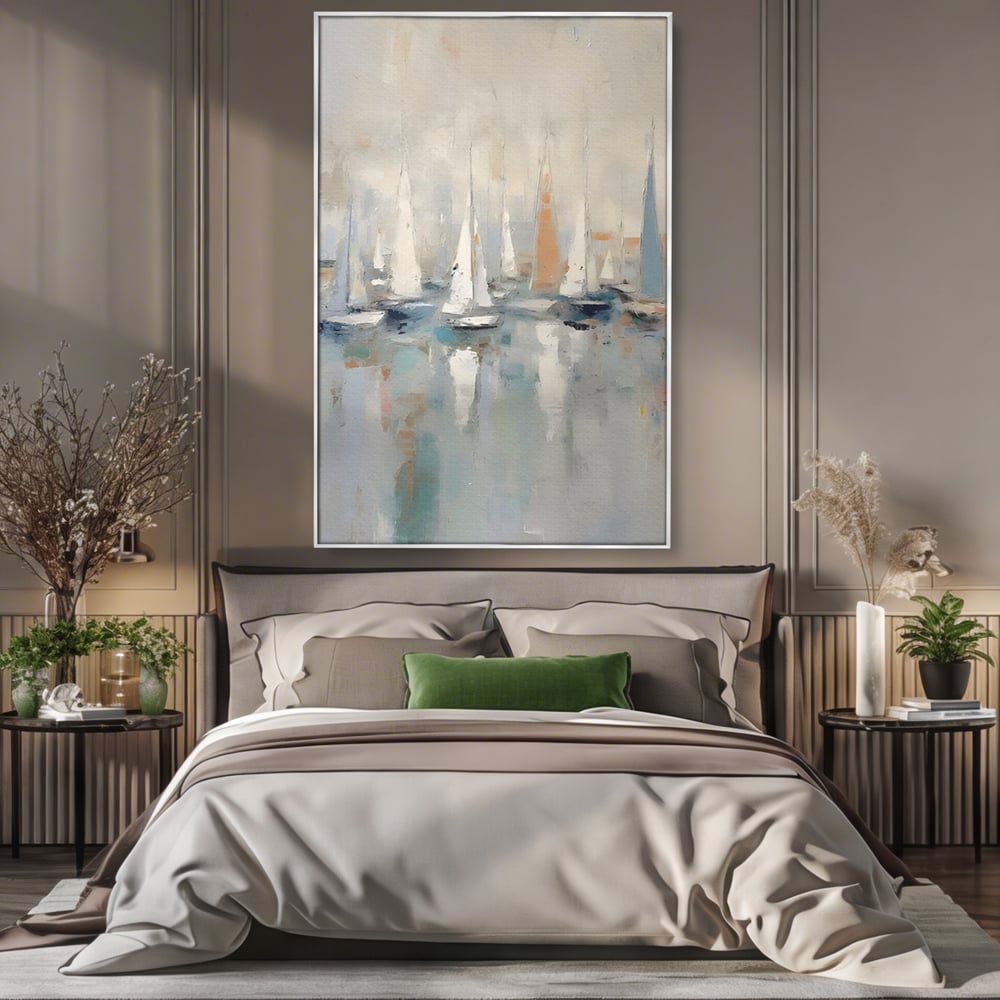 Tablou canvas cu pictura abstracta cu barci cu panze, in rama de aluminiu argintiu, pe perete intr-un dormitor